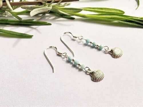 Jewellery for wellbeing on the journey of life - shell earrings with Larimar