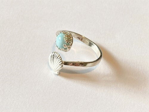 Jewelry for Wellbeing - shell ring with Larimar