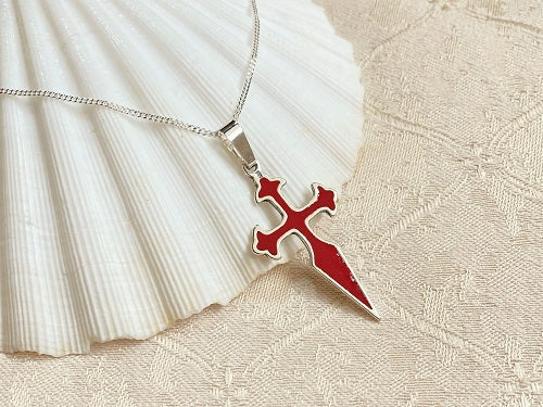Cross of St James necklace ~ silver, red, Cruz de Santiago