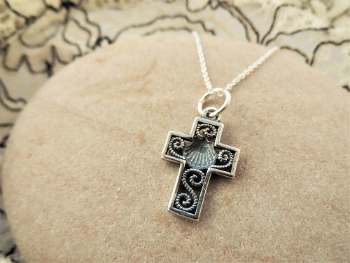 Latin cross necklace + concha scallop shell of El Camino