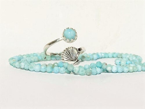Jewelry for Wellbeing - shell ring with Larimar