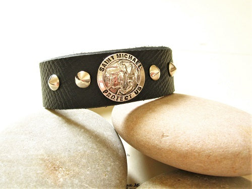 Saint Michael bracelet - leather, black