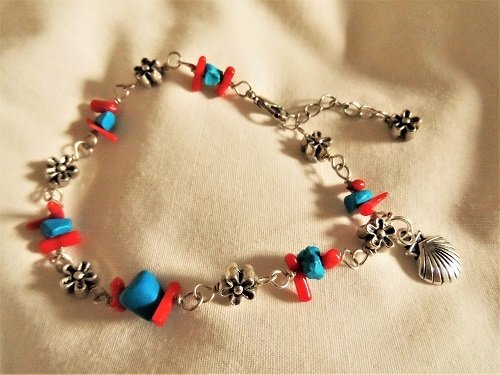 Scallop shell travel bracelet ~ coral + turquoise